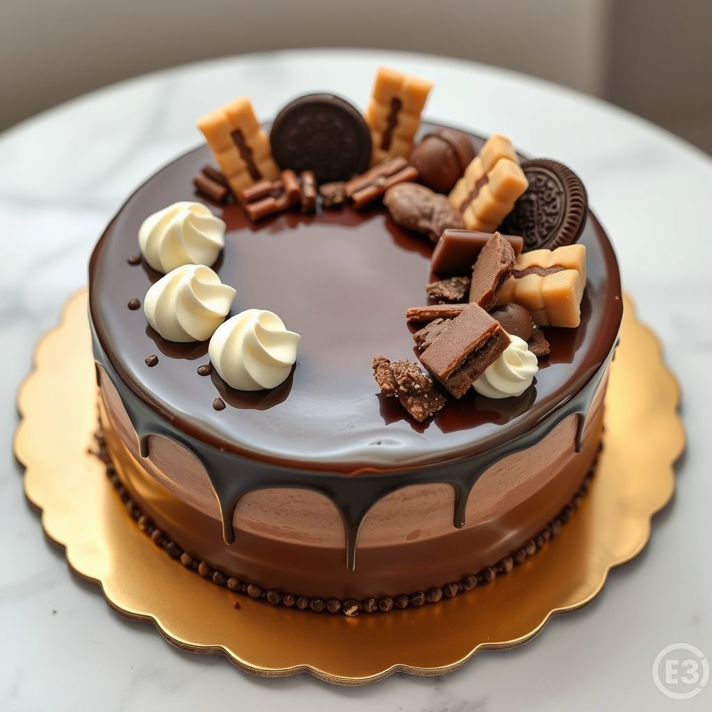 Un gâteau au chocolat somptueux posé sur une assiette beige clair, sa ganache semi-sucrée dévalant élégamment sur les côtés avec un effet brillant. Surmonté d'un assortiment gourmand d'éléments chocolatés, incluant biscuits Oreo, barres de chocolat délicates et gaufrettes décoratives, le gâteau offre un spectacle visuel mêlant brun foncé et blanc crémeux. Le fond rose pastel met en valeur sa présentation élégante, renforçant son attrait de dessert raffiné. De petites pépites de chocolat et confiseries rondes parsèment la base, évoquant une ambiance festive et plaisir dans chaque détail délicieux.