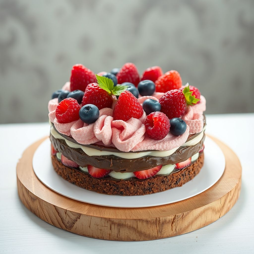 Des couches de délices crémeux forment un gâteau magnifiquement façonné, présentant un chocolat riche, des baies roses douces et une crème fouettée légère, le tout couronné élégamment de fraises, framboises et myrtilles fraîches. Une généreuse part a été coupée, révélant les strates colorées qui séduisent avec un jeu tentant de textures et saveurs. Le gâteau repose sur une assiette blanche simple, créant un contraste marqué avec la surface en bois chaleureuse en arrière-plan, évoquant un cadre cosy et accueillant. Une lumière naturelle douce accentue les couleurs vibrantes et les finitions brillantes des fruits et de la crème, suggérant un plaisir parfait pour les célébrations. L'ambiance générale est celle de l'indulgence et de la douceur, invitant à savourer une tranche de ce dessert exquis.