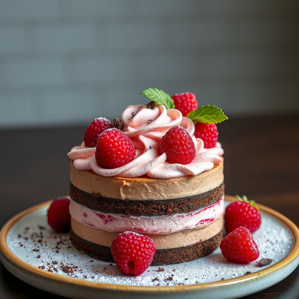 Des couches décadentes de gâteau au chocolat et de mousse prennent vie dans cette délicieuse part, surmontée d'un généreux tourbillon de crème fouettée et de framboises fraîches. La base riche en cacao contraste magnifiquement avec les textures légères et aériennes au-dessus, tandis que les framboises rouges vibrantes ajoutent une touche acidulée et colorée. Une fine pluie de copeaux de chocolat complète l'ensemble, invitant à la gourmandise. Le décor comprend une couverture douce et texturée aux tons neutres, avec des touches de verdure en arrière-plan flou, renforçant l'atmosphère chaleureuse et accueillante. La composition globale rayonne de chaleur, parfaite pour une gourmandise lors d'une occasion sucrée.