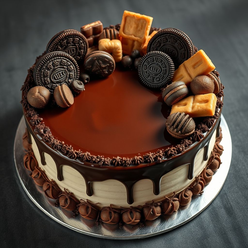 Un gâteau au chocolat décadent trône au centre, arborant une ganache brillante et riche qui coule délicieusement sur les côtés, contrastant magnifiquement avec son glaçage blanc lisse en dessous. Orné d'un assortiment extravagant de garnitures, incluant des biscuits Oreo, des barres de chocolat et des gaufrettes décoratives, la surface du gâteau est un festin visuel, évoquant indulgence et célébration. Les ombres douces suggèrent une lumière tamisée de la scène, mise en valeur par un fond lavande délicat qui accentue les détails vibrants du gâteau et invite à une ambiance chaleureuse et sucrée. La composition est joyeuse et abondante, créant une atmosphère luxueuse et appétissante qui promet des saveurs délicieuses à savourer.