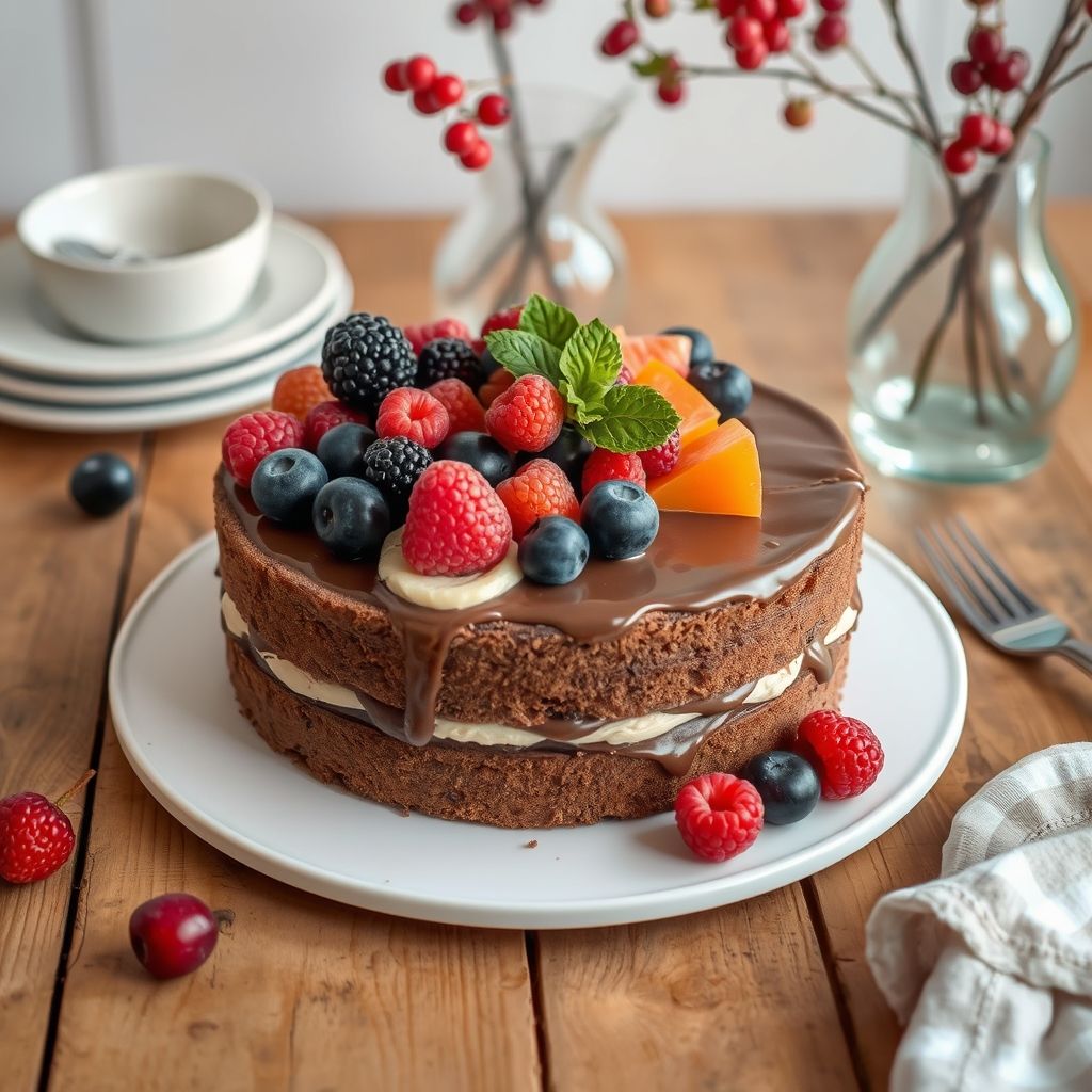 Un gâteau au chocolat décadent à trois couches, généreusement nappé d'une crème onctueuse, orné d'un assortiment coloré de baies fraîches — fraises, myrtilles, framboises et mûres — apportant une touche de couleur vibrante au contraste du chocolat riche. Ce dessert gourmand est présenté sur une assiette blanche simple posée sur une table en bois rustique qui accentue l'atmosphère chaleureuse et accueillante. À gauche, un vase en verre délicat contient des branches fraîches ornées de petites fleurs blanches et de feuilles vertes, complétant l'ambiance festive évoquée par le gâteau. Une tasse blanche, probablement remplie d'une boisson chaude, est posée à proximité, invitant à un moment de douceur. La composition générale et la lumière douce créent une ambiance sereine et joyeuse, idéale pour une réunion ou une occasion spéciale.