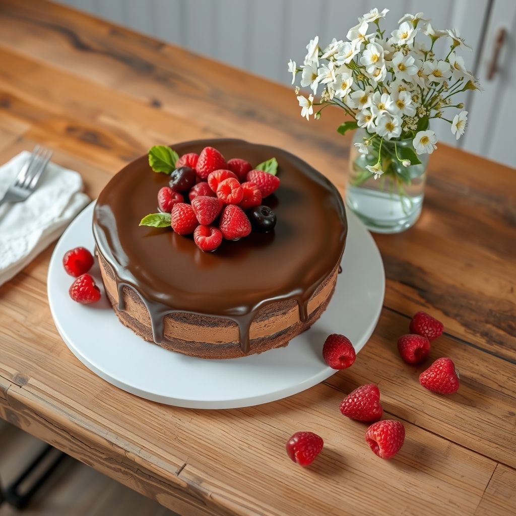 Un délicieux gâteau au chocolat à trois couches trône au centre, orné d'un assortiment vibrant de fruits rouges frais, comprenant fraises, framboises, myrtilles et mûres, reposant sur un glaçage au chocolat crémeux et riche. Le gâteau est présenté sur une assiette blanche simple, élégamment posée sur une table en bois rustique qui apporte chaleur à l'ensemble. À proximité, un vase en verre clair contient de délicates fleurs blanches et des feuilles vertes fraîches, renforçant la fraîcheur et l'esprit printanier de la mise en scène. Une tasse blanche, probablement remplie d'une boisson chaude, complète la composition, tandis qu'une lumière naturelle douce baigne la scène, évoquant une ambiance festive et gourmande.