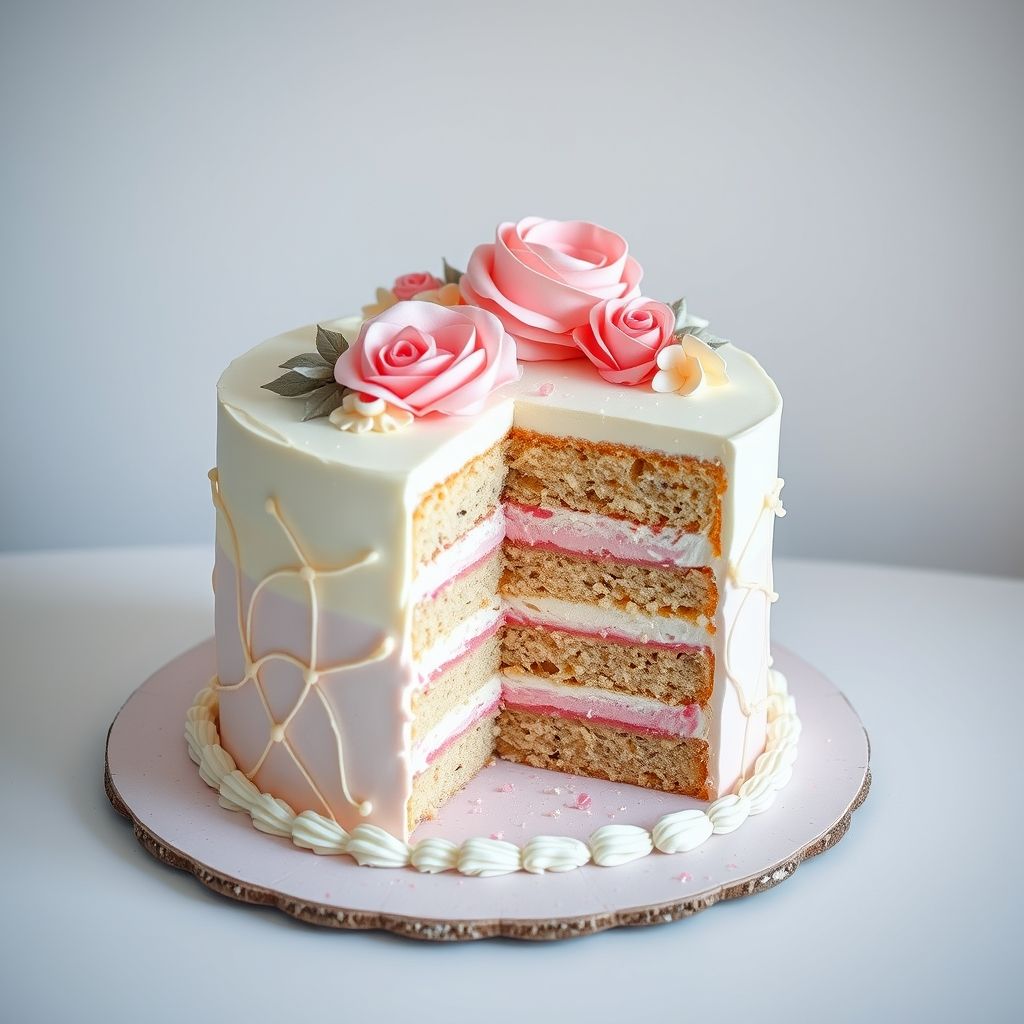 Un gâteau magnifiquement stratifié séduit par ses teintes roses douces et ses détails de glaçage élaborés, dévoilant un intérieur luxuriant mêlant nuances de rose et blanc. Le gâteau présente plusieurs couches de génoise, chacune séparée par un glaçage crémeux, agrémenté de décorations minutieuses comme des tourbillons et des roses en glaçage. Présenté sur une assiette ronde avec un tissu rose pâle à côté, il dégage une atmosphère chaleureuse et festive, idéale pour une occasion spéciale, évoquant douceur et délice.