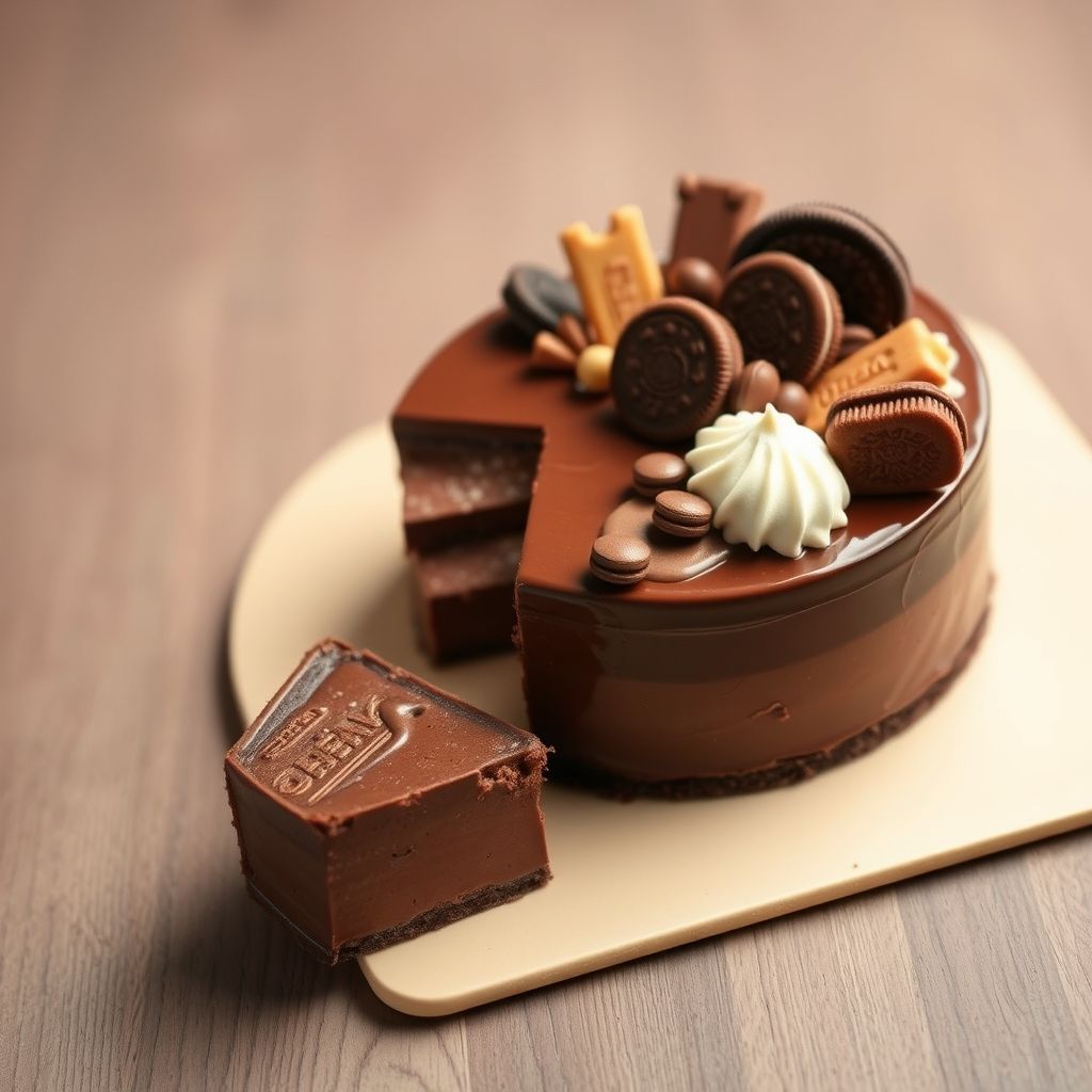 Un gâteau au chocolat somptueux posé sur une assiette beige clair, sa ganache semi-sucrée dévalant élégamment sur les côtés avec un effet brillant. Surmonté d'un assortiment gourmand d'éléments chocolatés, incluant biscuits Oreo, barres de chocolat délicates et gaufrettes décoratives, le gâteau offre un spectacle visuel mêlant brun foncé et blanc crémeux. Le fond rose pastel met en valeur sa présentation élégante, renforçant son attrait de dessert raffiné. De petites pépites de chocolat et confiseries rondes parsèment la base, évoquant une ambiance festive et plaisir dans chaque détail délicieux.